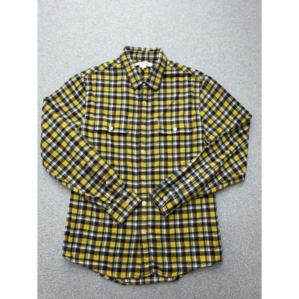 FRAME Shirt Mens Small Yellow Plaid Flannel Slim Fit Button Front LMSH0095